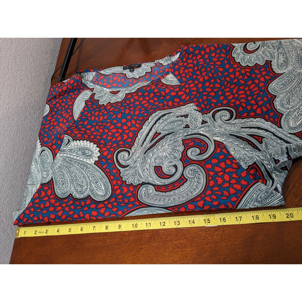 Glam Printed Blouse Small Red Blue Paisley Short Puff Sleeve Colorful Office Top - Picture 7 of 9